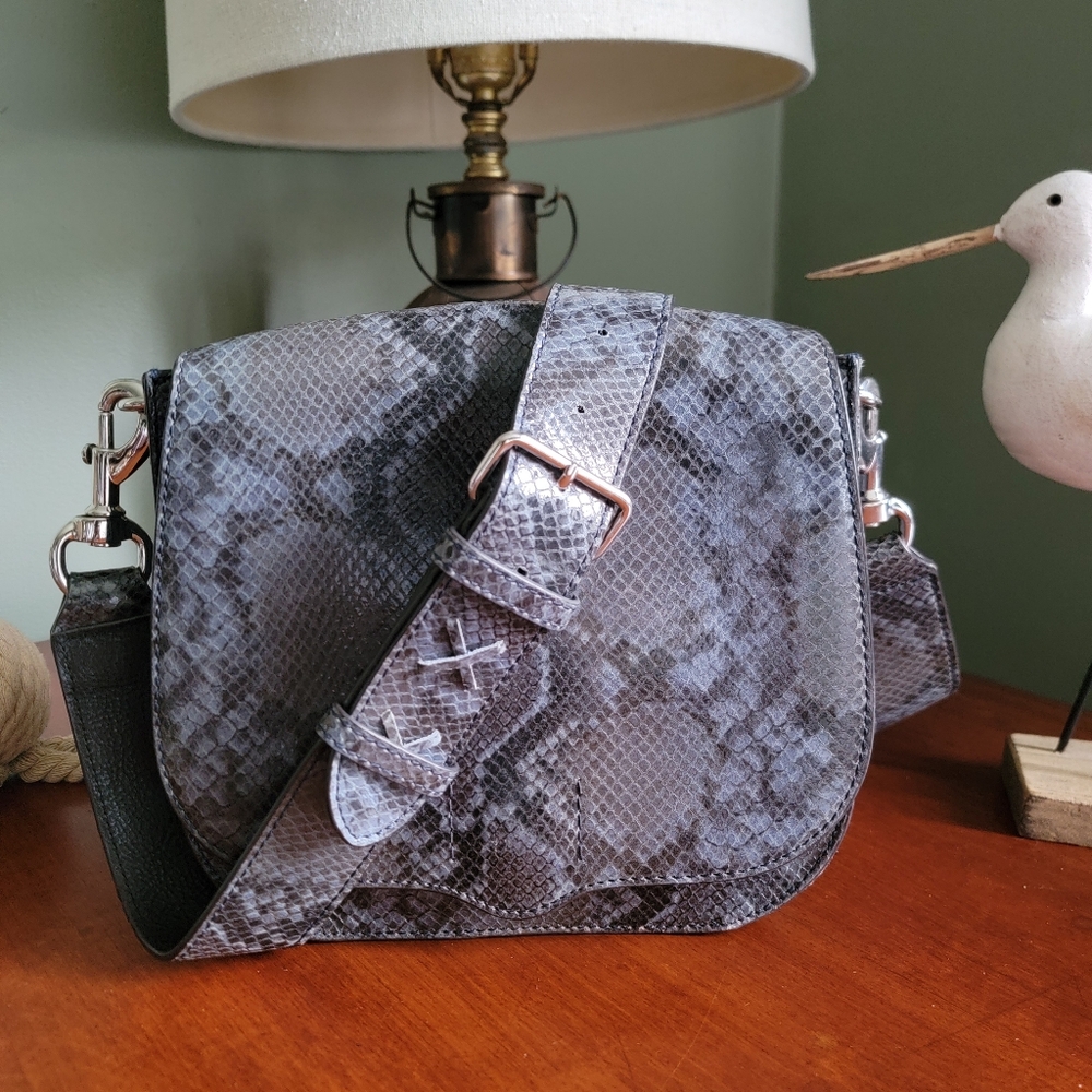 Rebecca Minkoff Sunday Python Embossed Leather Saddle Bag Crossbody Blue